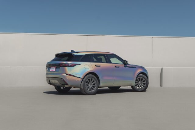Range Rover Velar Holographic Chrome Vinyl Wrap Rear Three Quarter, by Wrap Labs, Westlake Village