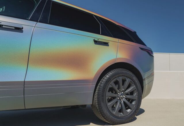 Range Rover Velar Holographic Chrome Vinyl Wrap Side Door Detail, by Wrap Labs, Westlake Village