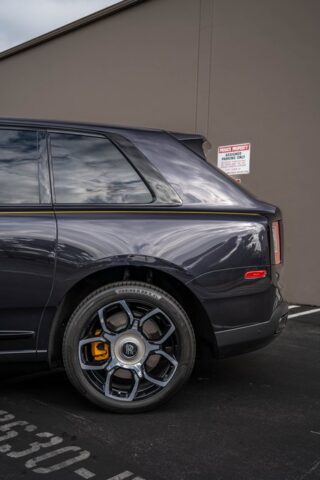 Rolls Royce Cullinan Black Badge Graphite Yellow Accent PPF Rear Quarter Wheel Detail, by Wrap Labs, Westlake Village