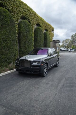 Rolls Royce Cullinan Black Silver Two Tone Purple Interior CPF Front 3Quarter Ivy Wall, by Wrap Labs, Westlake Village