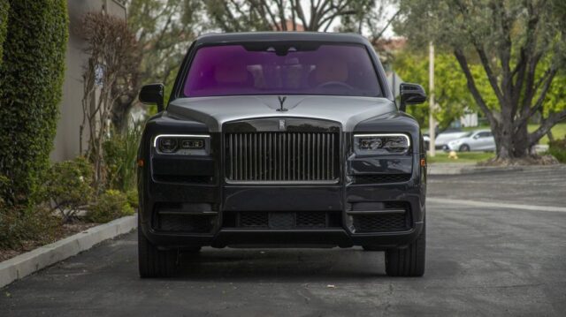 Rolls Royce Cullinan Black Silver Two Tone Purple Interior CPF Front Head On Street, by Wrap Labs, Westlake Village