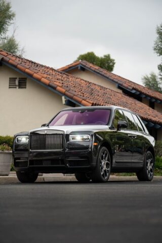 Rolls Royce Cullinan Black Silver Two Tone Purple Interior CPF Front Three Quarter Low Street, by Wrap Labs, Westlake Village