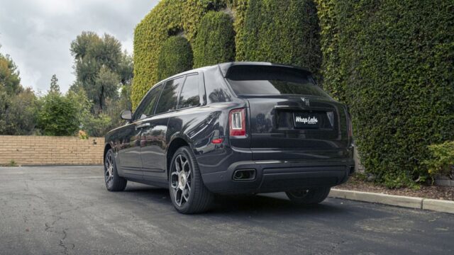 Rolls Royce Cullinan Black Silver Two Tone Purple Interior CPF Rear 3Quarter Ivy Wall, by Wrap Labs, Westlake Village
