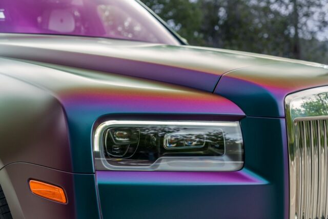 Rolls Royce Cullinan Color Shift Chameleon Vinyl Wrap Headlight Fender Grille Close Up, by Wrap Labs, Westlake Village