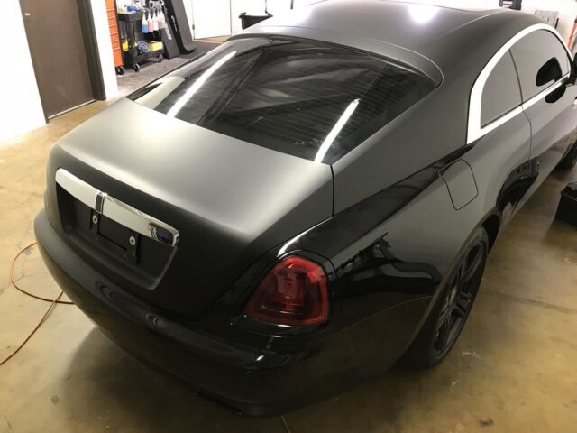 Rolls Royce Wraith Matte Black Vinyl Wrap Two Tone Rear Shop, by Wrap Labs, Westlake Village