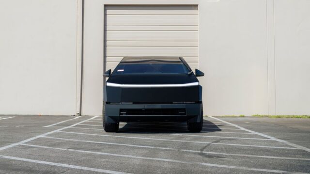 Tesla Cybertruck Gloss Black Vinyl Wrap Straight Front, by Wrap Labs, Westlake Village