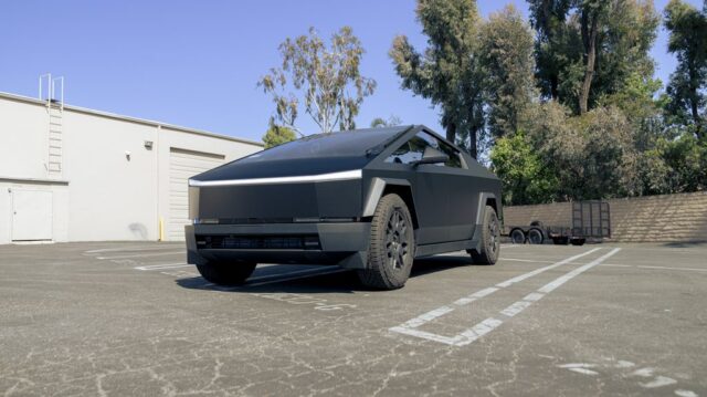Tesla Cybertruck Matte Black Vinyl Wrap Front 3 4, by Wrap Labs, Westlake Village