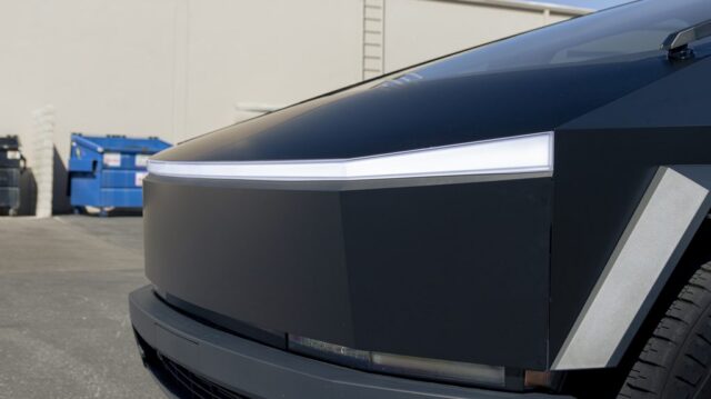 Tesla Cybertruck Matte Black Vinyl Wrap Front Light Bar Closeup, by Wrap Labs, Westlake Village