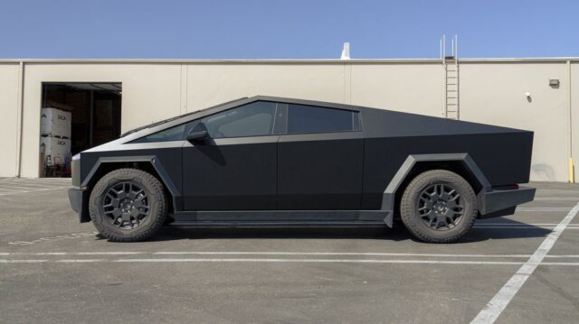 Tesla Cybertruck Matte Black Vinyl Wrap Full Side Profile, by Wrap Labs, Westlake Village