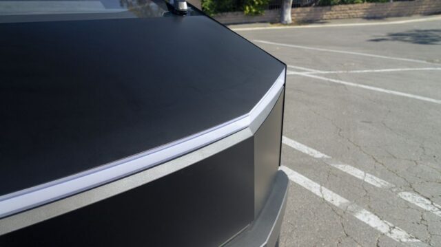 Tesla Cybertruck Matte Black Vinyl Wrap Hood Frunk Edge Detail, by Wrap Labs, Westlake Village