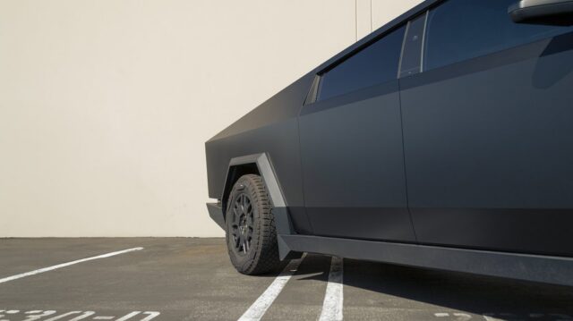 Tesla Cybertruck Matte Black Vinyl Wrap Low Side Profile, by Wrap Labs, Westlake Village