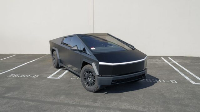 Tesla Cybertruck Matte Black Vinyl Wrap Rear 3 4 Elevated, by Wrap Labs, Westlake Village