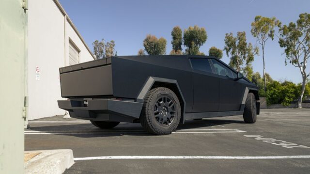 Tesla Cybertruck Matte Black Vinyl Wrap Rear 3 4 Street, by Wrap Labs, Westlake Village