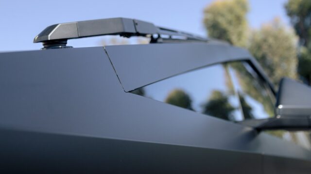 Tesla Cybertruck Matte Black Vinyl Wrap Roofline A Pillar Detail, by Wrap Labs, Westlake Village