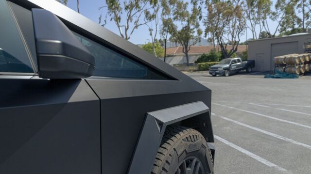 Tesla Cybertruck Matte Gray Vinyl Wrap Front Fender Pillar Detail, by Wrap Labs, Westlake Village