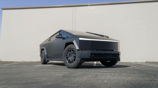 Tesla Cybertruck Matte Gray Vinyl Wrap Rear 3 4, by Wrap Labs, Westlake Village