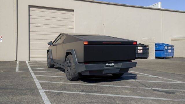 Tesla Cybertruck Matte Gray Vinyl Wrap Rear 3 4 WrapLabs Plate, by Wrap Labs, Westlake Village