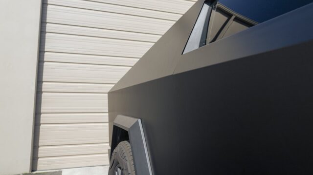 Tesla Cybertruck Matte Gray Vinyl Wrap Side Panel Fender Edge Detail, by Wrap Labs, Westlake Village