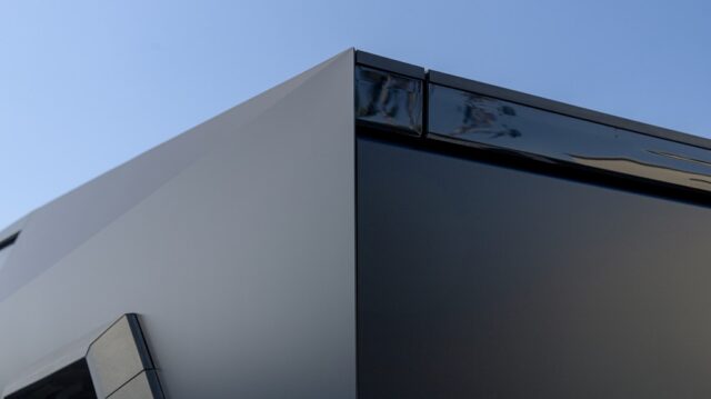 Tesla Cybertruck Two Tone Matte Gloss Black Vinyl Wrap Roof Corner Edge Detail, by Wrap Labs, Westlake Village
