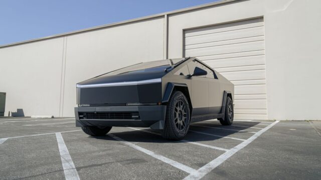 Tesla Cybertruck Two Tone Matte Gray Gloss Black Vinyl Wrap Front 3 4, by Wrap Labs, Westlake Village