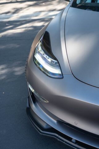 Tesla Model 3 Matte Grey Vinyl Wrap Front Headlight Detail, by Wrap Labs, Westlake Village