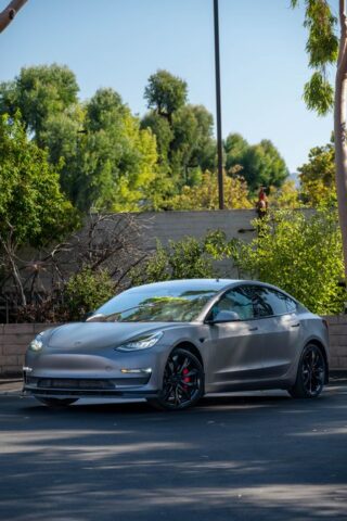 Tesla Model 3 Matte Grey Vinyl Wrap Front Three Quarter Street, by Wrap Labs, Westlake Village