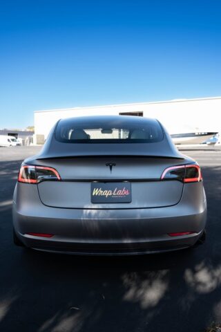 Tesla Model 3 Matte Grey Vinyl Wrap Rear Full, by Wrap Labs, Westlake Village