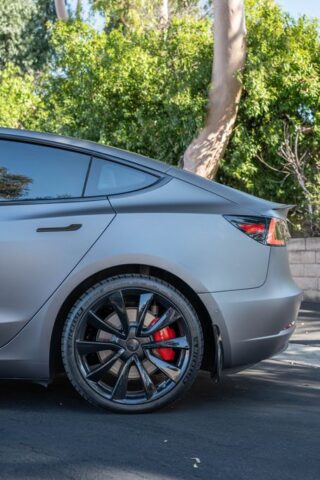 Tesla Model 3 Matte Grey Vinyl Wrap Rear Quarter Wheel Detail, by Wrap Labs, Westlake Village