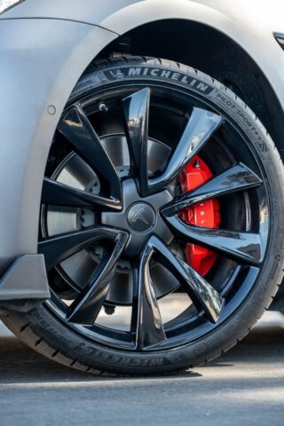 Tesla Model 3 Matte Grey Vinyl Wrap Wheel Red Brake Caliper Detail, by Wrap Labs, Westlake Village