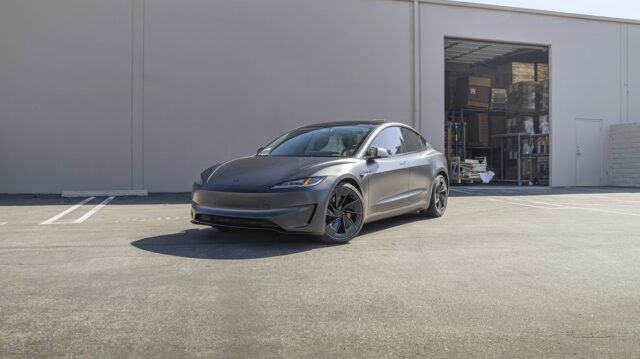 Tesla Model 3 Matte Gunmetal Grey Vinyl Wrap Front 3Quarter, by Wrap Labs, Westlake Village