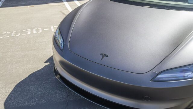Tesla Model 3 Matte Gunmetal Grey Vinyl Wrap Front Hood Tesla Badge Detail, by Wrap Labs, Westlake Village