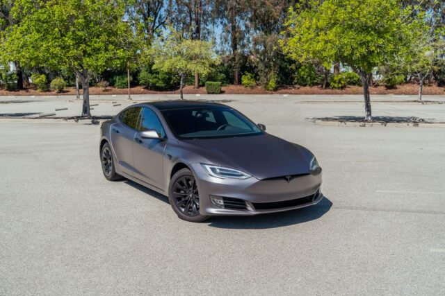Tesla Model S Matte Dark Grey Vinyl Wrap Front 3Quarter, by Wrap Labs, Westlake Village