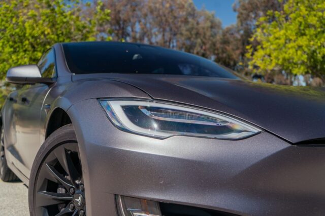 Tesla Model S Matte Dark Grey Vinyl Wrap Headlight Fender Detail, by Wrap Labs, Westlake Village