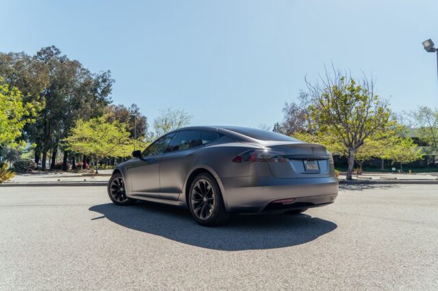 Tesla Model S Matte Dark Grey Vinyl Wrap Rear 3Quarter, by Wrap Labs, Westlake Village