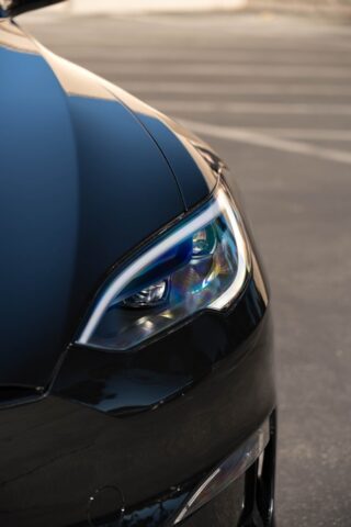 Tesla Model S Plaid Gloss Black PPF Front Headlight Detail, by Wrap Labs, Westlake Village