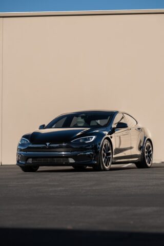 Tesla Model S Plaid Gloss Black PPF Front Three Quarter Clean, by Wrap Labs, Westlake Village