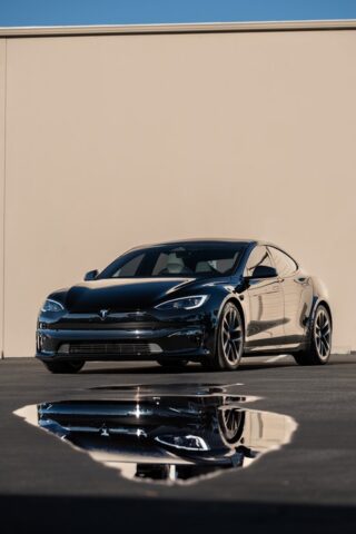 Tesla Model S Plaid Gloss Black PPF Front Three Quarter Reflection, by Wrap Labs, Westlake Village