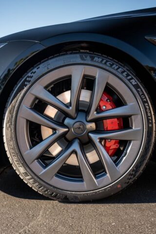 Tesla Model S Plaid Gloss Black PPF Wheel Red Brake Caliper Detail, by Wrap Labs, Westlake Village