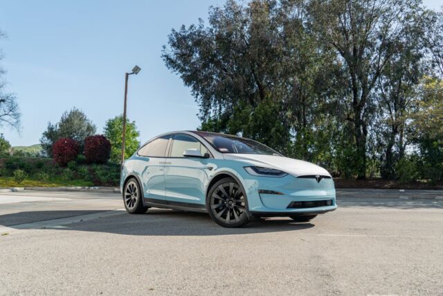 Tesla Model X Baby Blue White Two Tone Vinyl Wrap Front 3Quarter, by Wrap Labs, Westlake Village