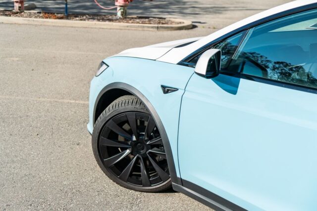Tesla Model X Baby Blue White Two Tone Vinyl Wrap Wheel Fender Detail, by Wrap Labs, Westlake Village