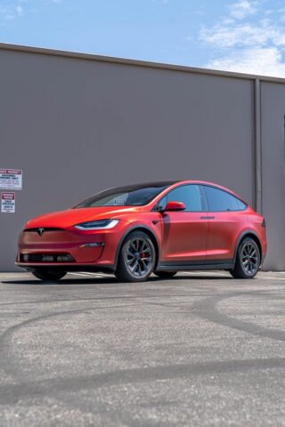 Tesla Model X Matte Red CPF Front Portrait, by Wrap Labs, Westlake Village