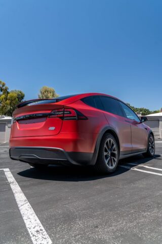 Tesla Model X Matte Red Color Paint Protection Portrait, by Wrap Labs, Westlake Village