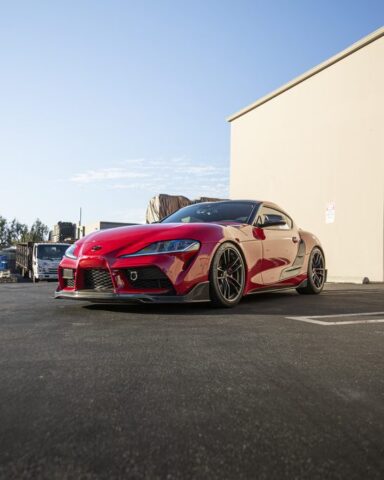 Toyota GR Supra Red PPF Carbon Splitter Front 3Quarter Low Street, by Wrap Labs, Westlake Village