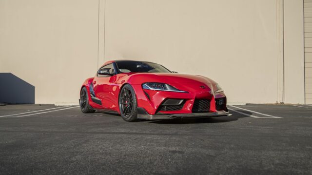 Toyota GR Supra Red PPF Carbon Splitter Front 3Quarter Wall, by Wrap Labs, Westlake Village