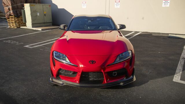 Toyota GR Supra Red PPF Carbon Splitter Front Head On Parking Lot, by Wrap Labs, Westlake Village