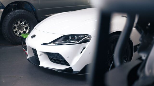 Toyota GR Supra White PPF Front Headlight Detail Shop Through Frame, by Wrap Labs, Westlake Village