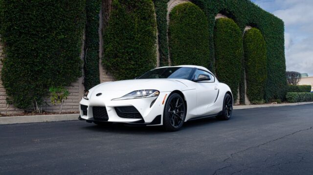 Toyota GR Supra White Paint Protection Film Front Three Quarter Hedge Wall, by Wrap Labs, Westlake Village