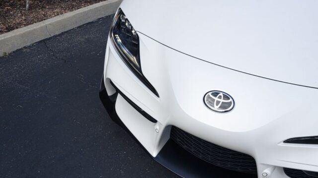 Toyota GR Supra White Paint Protection Film Hood Badge Overhead Detail, by Wrap Labs, Westlake Village