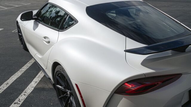 Toyota GR Supra White Paint Protection Film Rear Three Quarter Overhead, by Wrap Labs, Westlake Village