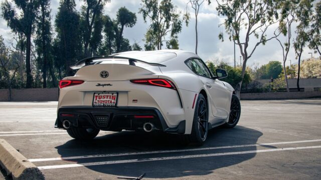 Toyota GR Supra White Paint Protection Film Rear Three Quarter Spoiler, by Wrap Labs, Westlake Village